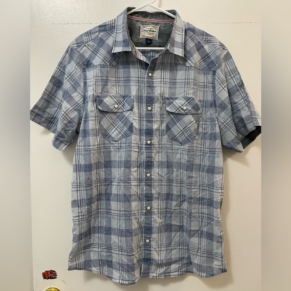 Flag & Anthem Men's Casual Button Up Blue Gray Plaid Short Sleeve Shirt Large L